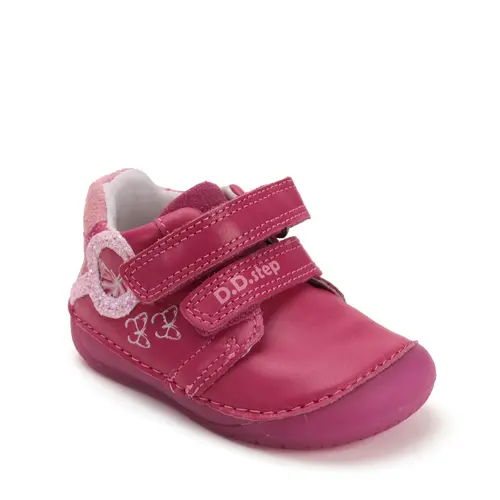 Pantofi D.D Step fete, barefoot, primii pasi, piele naturala, talpa fluorescenta, roz inchis, fluturi- S070-52838A-25-