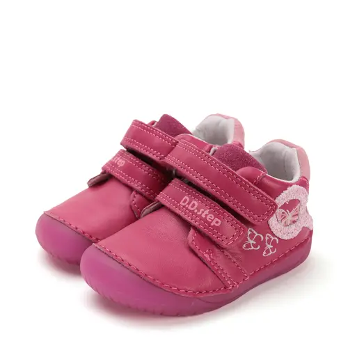 Pantofi D.D Step fete, barefoot, primii pasi, piele naturala, talpa fluorescenta, roz inchis, fluturi- S070-52838A-25-