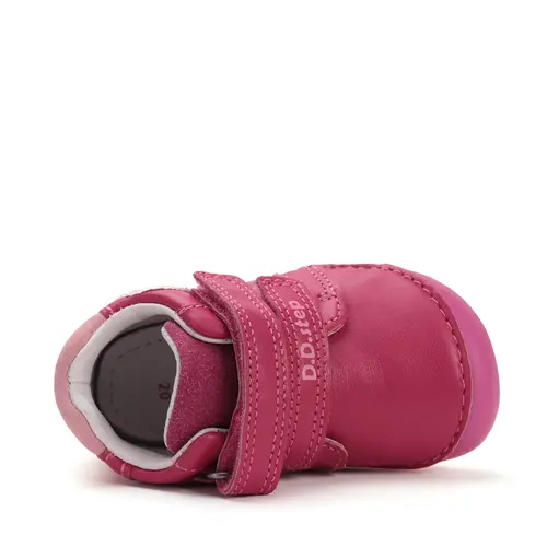 Pantofi D.D Step fete, barefoot, primii pasi, piele naturala, talpa fluorescenta, roz inchis, fluturi- S070-52838A-25-