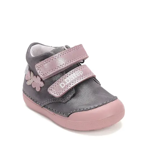 Pantofi D.D. Step fete, piele naturala, primii pasi, talpa felxibila, gri cu barete roz, floricele- S066-52737B-25-