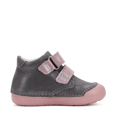 Pantofi D.D. Step fete, piele naturala, primii pasi, talpa felxibila, gri cu barete roz, floricele- S066-52737B-25-