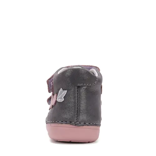 Pantofi D.D. Step fete, piele naturala, primii pasi, talpa felxibila, gri cu barete roz, floricele- S066-52737B-25-