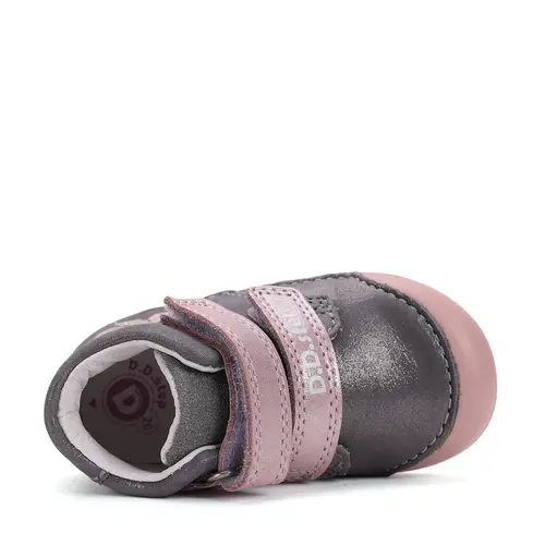 Pantofi D.D. Step fete, piele naturala, primii pasi, talpa felxibila, gri cu barete roz, floricele- S066-52737B-25-