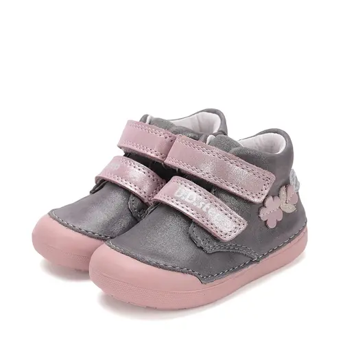 Pantofi D.D. Step fete, piele naturala, primii pasi, talpa felxibila, gri cu barete roz, floricele- S066-52737B-25-