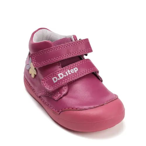 Pantofi D.D. Step fete, piele naturala, primii pasi, talpa felxibila, roz inchis, floricele- S066-52737-25-