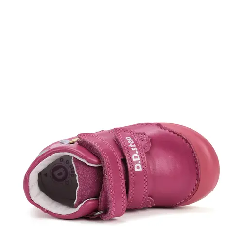 Pantofi D.D. Step fete, piele naturala, primii pasi, talpa felxibila, roz inchis, floricele- S066-52737-25-