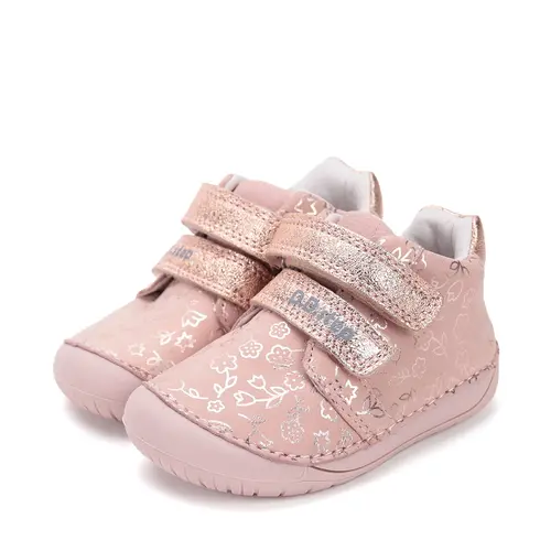 Pantofi D.D Step fete, primii pasi, piele naturala, barefoot, roz deschis, imprimeu flori- S070-52724-25-