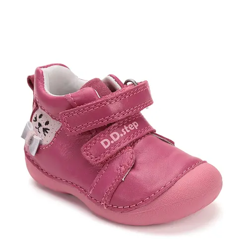 Pantofi D.D. Step fete, primii pasi, piele naturala, talpa flexibila, fuchsia, pisica- S015-52412A-24-