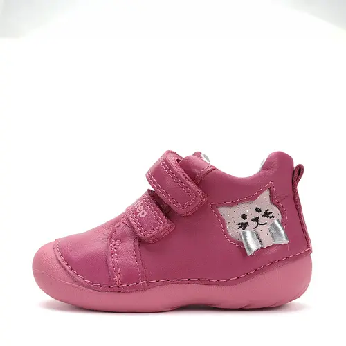 Pantofi D.D. Step fete, primii pasi, piele naturala, talpa flexibila, fuchsia, pisica- S015-52412A-24-