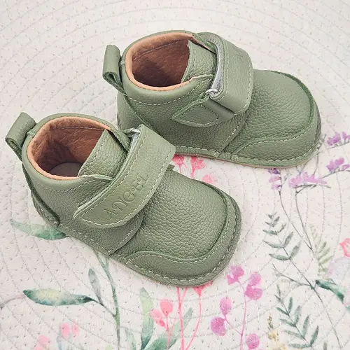 Pantofi copii, piele naturala, barefoot, primii pasi, talpa flexibila, culoare verde, Smiley- RO-500-6-24-By Pebebe