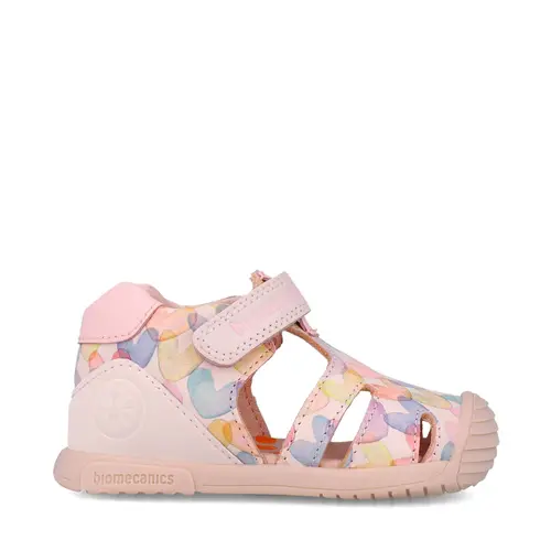 Sandale Biomecanics fete, piele naturala, talpa flexibila, protectie degete, Biogateo Casual, print inimioare, roz- 252110-A779-24-Biomecanics