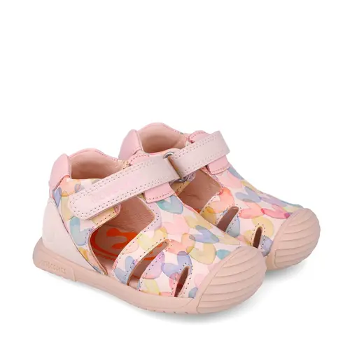 Sandale Biomecanics fete, piele naturala, talpa flexibila, protectie degete, Biogateo Casual, print inimioare, roz- 252110-A779-24-Biomecanics