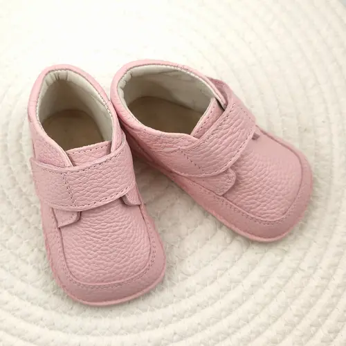 Ghete barefoot din piele naturala pentru copii, primii pasi, inchidere cu scai si talpa din flexibila, roz- RO-14-9-24-By Pebebe