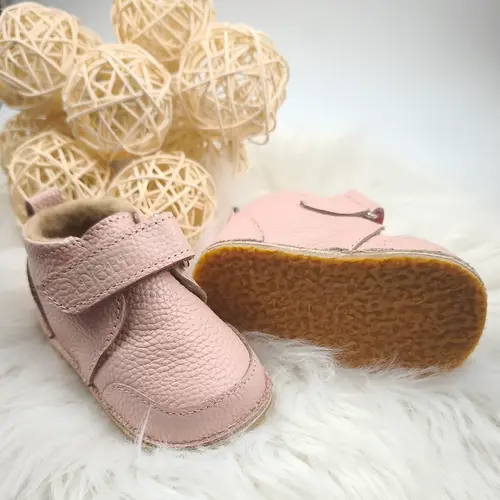 Ghete barefoot pentru copii, primii pasi, piele naturala, captuseala din blana, talpa flexibila, roz, Smiley- RO-600-3-22-