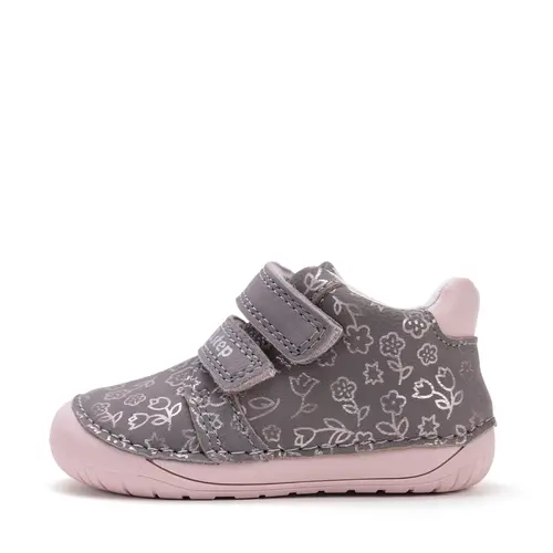 Pantofi D.D Step fete, primii pasi, piele naturala, barefoot, gri cu imprimeu flori roz- S070-52724B-25-D.D. Step