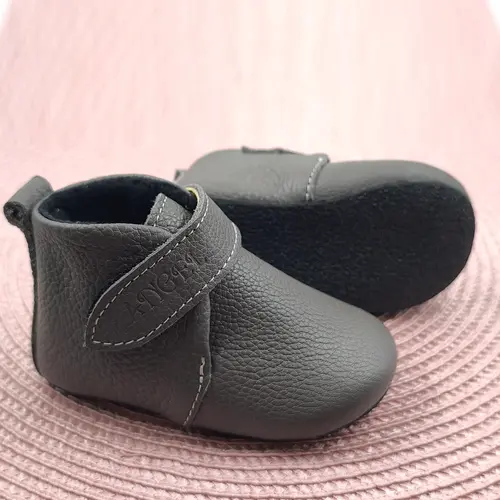 Pantofi de interior pentru copii, piele naturala, talpa din cauciuc antiderapanta, captuseala textila, gri inchis- RO-400-5-25-