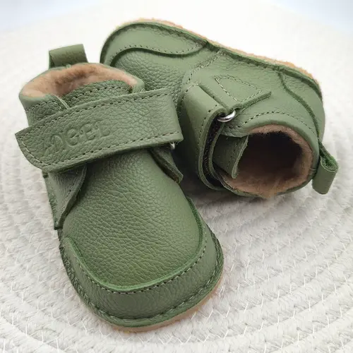 Ghete barefoot pentru copii, primii pasi, piele naturala, captuseala din blana, talpa flexibila, verde, Smiley - RO-600-6-23- Ghete barefoot pentru copii, primii pasi, piele naturala, captuseala din blana, talpa flexibila, verde, Smiley - RO-600-6-23-
