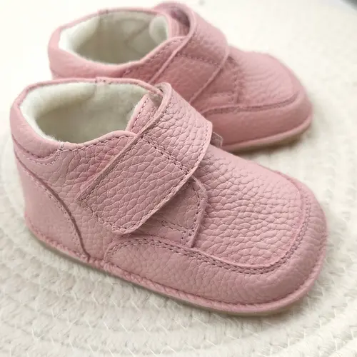 Ghete barefoot copii, din piele naturala cu scai, captuseala textila si talpa din cauciuc, roz - RO-17-15-24-