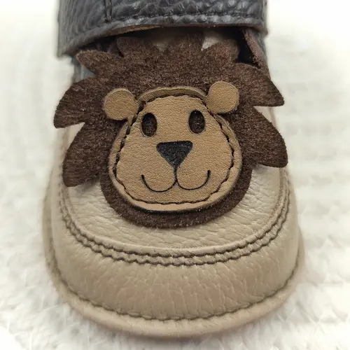 Ghete barefoot copii, piele, captuseala textila, talpa din cauciuc, design leu, maro cu bej - RO-23-5-22-