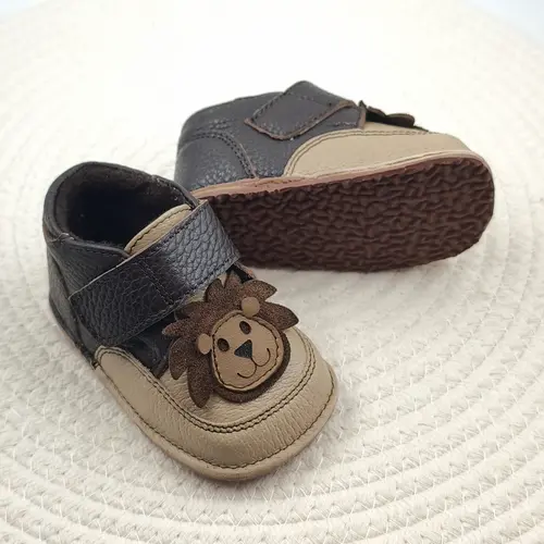 Ghete barefoot copii, piele, captuseala textila, talpa din cauciuc, design leu, maro cu bej - RO-23-5-22-