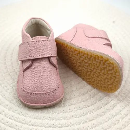 Ghete barefoot din piele naturala pentru copii, primii pasi, inchidere cu scai si talpa din flexibila, roz- RO-14-9-24-