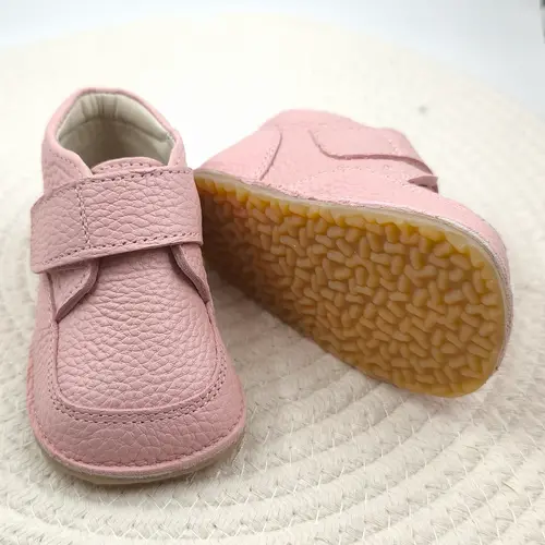 Ghete barefoot din piele naturala pentru copii, primii pasi, inchidere cu scai si talpa din flexibila, roz- RO-14-9-24-