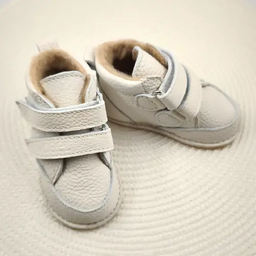 Ghete copii Barefoot, primii pasi, piele naturala, captuseala din blana, talpa felxibila, crem, Stuy - RO-115-10-24-