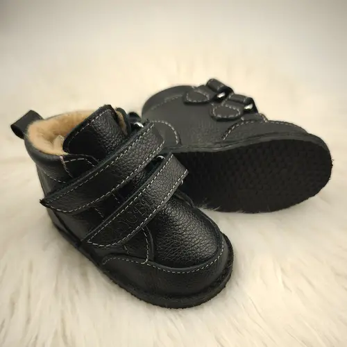 Ghete copii Barefoot, piele naturala, captuseala din blana, talpa felxibila, negru, Stuy - RO-115-7-24-