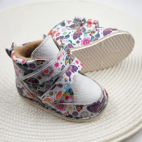 Ghete copii Barefoot, piele naturala, captuseala din blana, talpa felxibila, print fluturi, Stuy - RO-115-13-22-