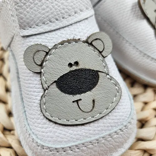 Pantofi barefoot copii primii pași din piele naturală cu talpă flexibilă – ivoar cu model ursulet- RO-16-20-22-By Pebebe