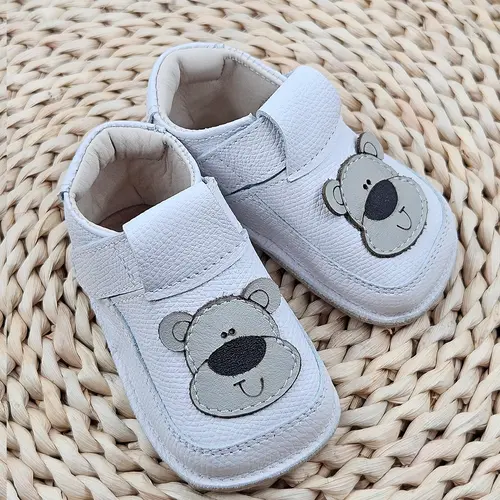 Pantofi barefoot copii primii pași din piele naturală cu talpă flexibilă – ivoar cu model ursulet- RO-16-20-22-By Pebebe