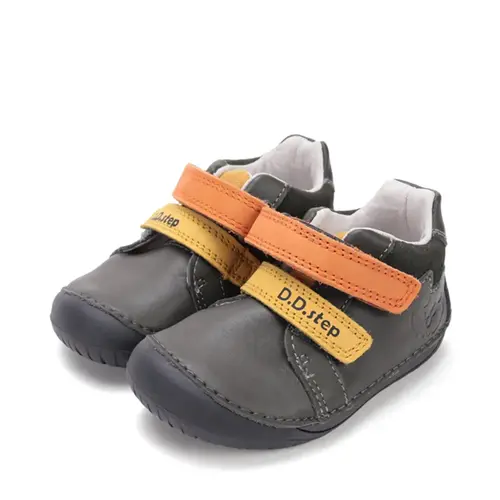 Pantofi D.D. Step baieti, piele naturala, barefoot, primii pasi, khaki cu animalut- S070-52141-25-