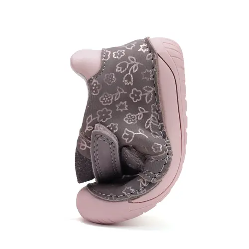 Pantofi D.D Step fete, primii pasi, piele naturala, barefoot, gri cu imprimeu flori roz- S070-52724B-25-D.D. Step