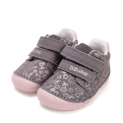 Pantofi D.D Step fete, primii pasi, piele naturala, barefoot, gri cu imprimeu flori roz- S070-52724B-25-D.D. Step