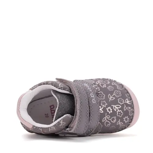 Pantofi D.D Step fete, primii pasi, piele naturala, barefoot, gri cu imprimeu flori roz- S070-52724B-25-D.D. Step