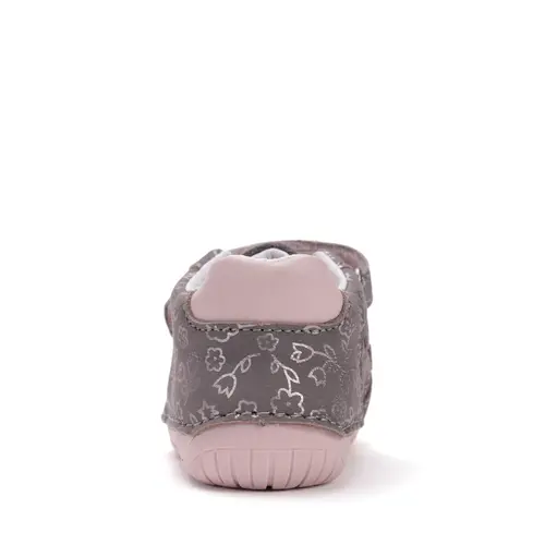 Pantofi D.D Step fete, primii pasi, piele naturala, barefoot, gri cu imprimeu flori roz- S070-52724B-25-D.D. Step