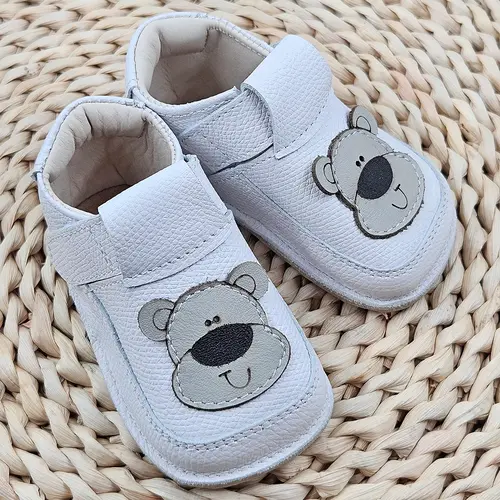 Pantofi barefoot copii primii pași din piele naturală cu talpă flexibilă – ivoar cu model ursulet- RO-16-20-22-By Pebebe