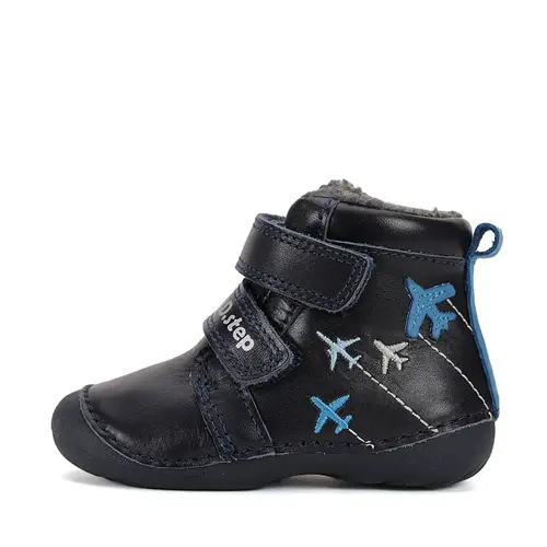 Ghete D.D Step baieti, piele naturala, talpa flexibila, imblanite, bleumarin cu avioane - W015-52347-24-
