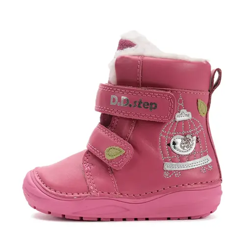 Ghete inalte din piele naturala pentru fete, D.D.Step, imblanite, roz, pasare in colivie - W071-52381-25-