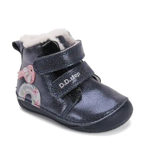 Ghete Barefoot fete, D.D Step, piele naturala, captuseala din blana, albastru sidef, curcubeu - W070-52624-25-