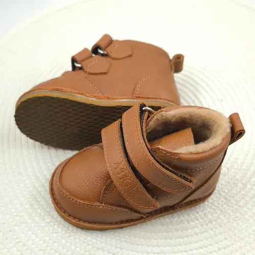 Ghete copii Barefoot, piele naturala, captuseala din blana, talpa felxibila, maro deschis, Stuy - RO-115-14-24-