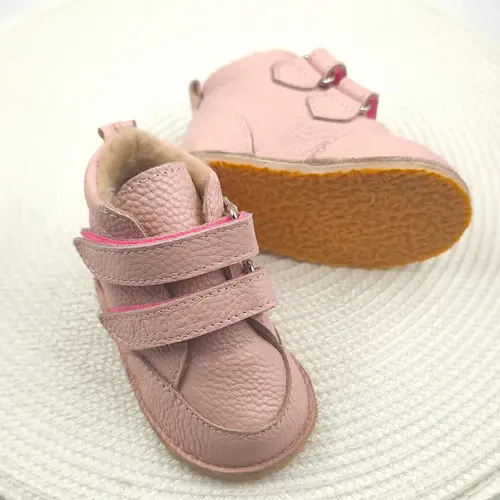 Ghete copii Barefoot, primii pasi, piele naturala, captuseala din blana, talpa felxibila, roz, Stuy - RO-115-2-24-