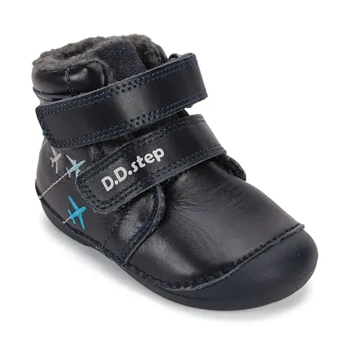 Ghete D.D Step baieti, piele naturala, talpa flexibila, imblanite, bleumarin cu avioane - W015-52347-24-