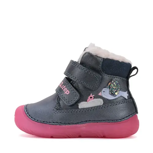 Ghete D.D Step fete, piele naturala, imblanit, talpa flexibila si fluorescenta, bleumarin, design cu pasari- W082-52314-25-D.D. Step