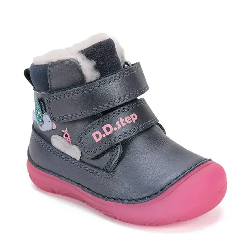 Ghete D.D Step fete, piele naturala, imblanit, talpa flexibila si fluorescenta, bleumarin, design cu pasari - W082-52314-25-