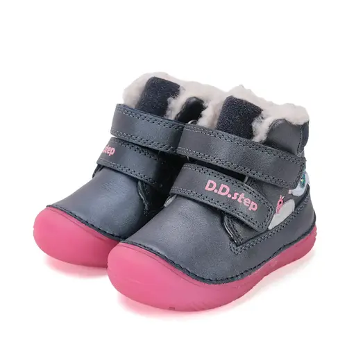 Ghete D.D Step fete, piele naturala, imblanit, talpa flexibila si fluorescenta, bleumarin, design cu pasari - W082-52314-25-