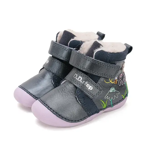 Ghete D.D Step fete, piele naturala, talpa flexibila, imblanite, bleumarin cu flori si albinute - W015-52997B-24-