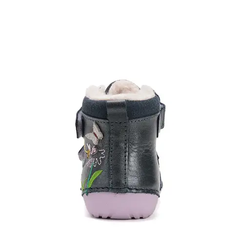 Ghete D.D Step fete, piele naturala, talpa flexibila, imblanite, bleumarin cu flori si albinute - W015-52997B-24-