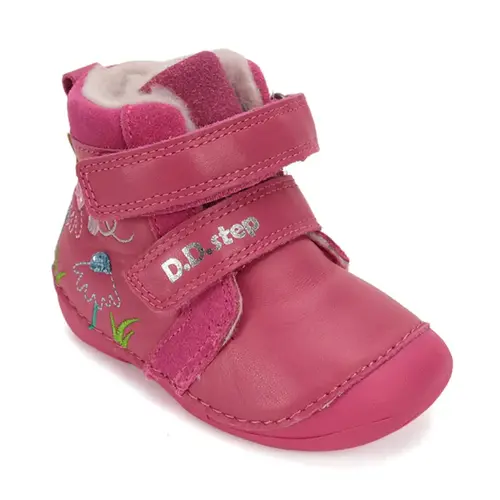 Ghete D.D Step fete, piele naturala, talpa flexibila, imblanite, roz cu flori si albinute - W015-52997A-24-