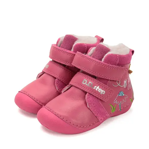 Ghete D.D Step fete, piele naturala, talpa flexibila, imblanite, roz cu flori si albinute - W015-52997A-24-